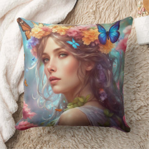 Fantasy Beautiful Fairy Butterflies Flower Garden Throw Pillow