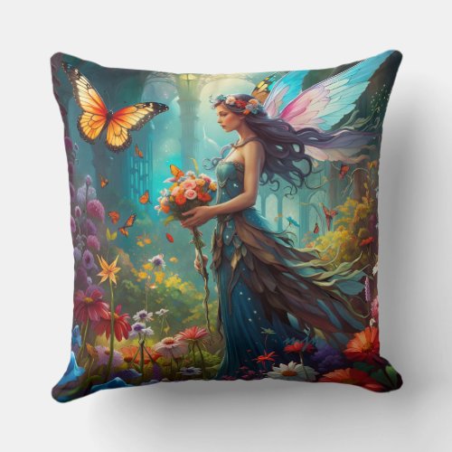 Fantasy Beautiful Fairy Flower Garden Throw Pillow
