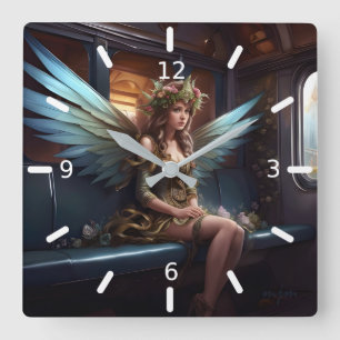 Fantasy Beautiful Fairy On A Train Square Wall Clock