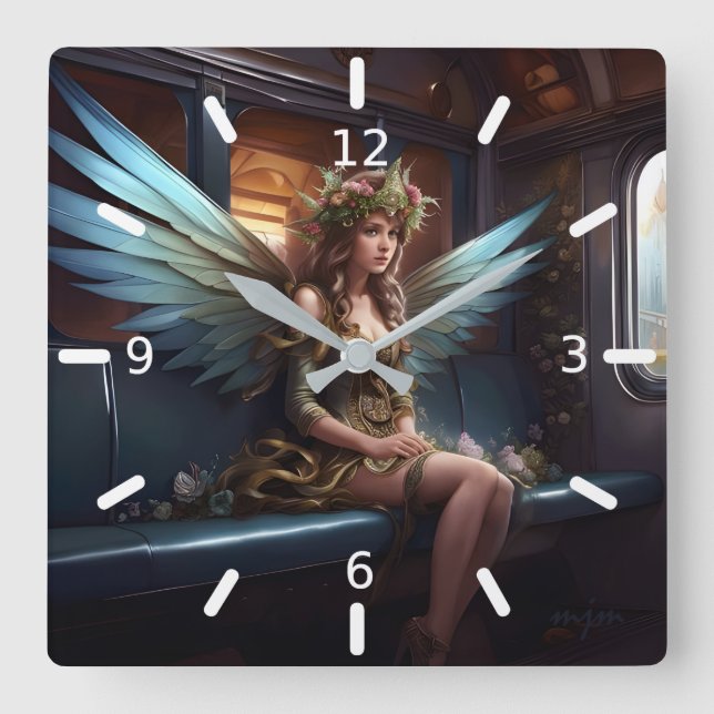 Fantasy Beautiful Fairy On A Train Square Wall Clock (Front)