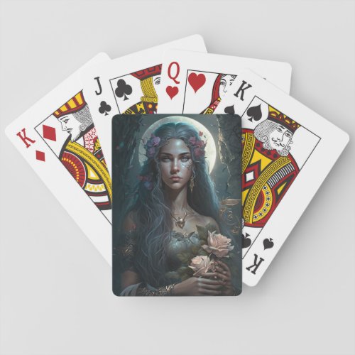 Fantasy beautiful girl on moonlight playing cards