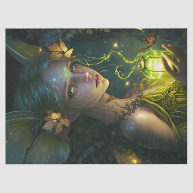 Fantasy Beautiful Green Forest Fairy Decoupage Tissue Paper (Front)