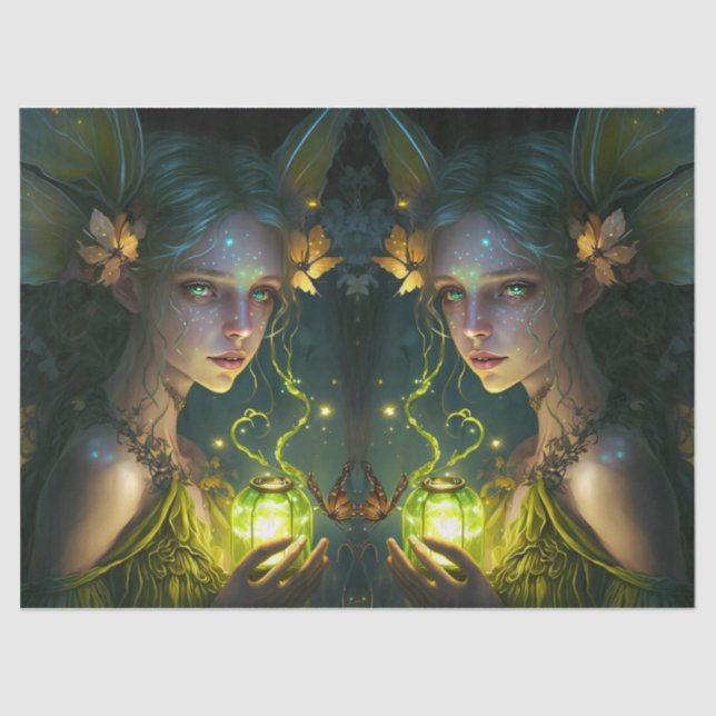 Fantasy Beautiful Green Forest Fairy Decoupage Tissue Paper (Front)