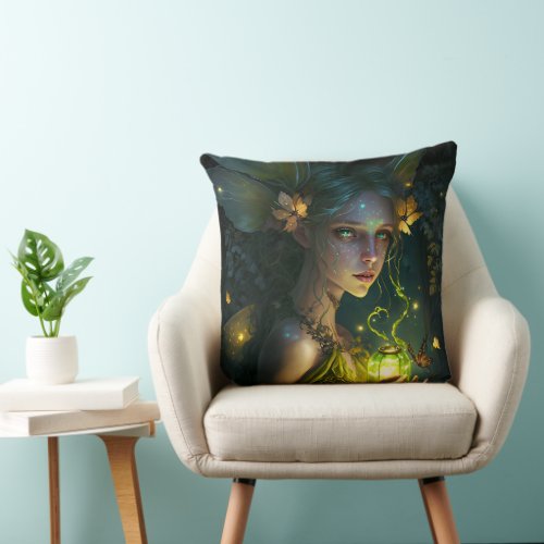 Fantasy Beautiful Green Forest Fairy Throw Pillow