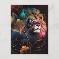 Fantasy, beautiful  lion with flowers   AI art Postcard