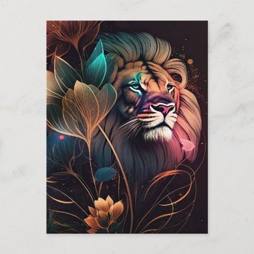 Fantasy beautiful  lion with flowers   AI art Postcard