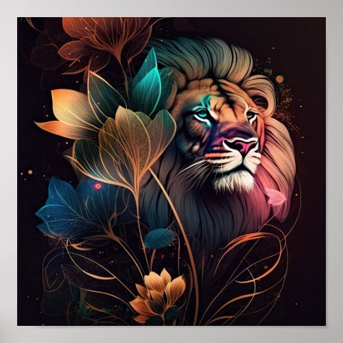 Fantasy beautiful  lion with flowers AI art Poster