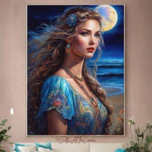Fantasy Beautiful Maiden Princess Fullmoon Beach Canvas Print