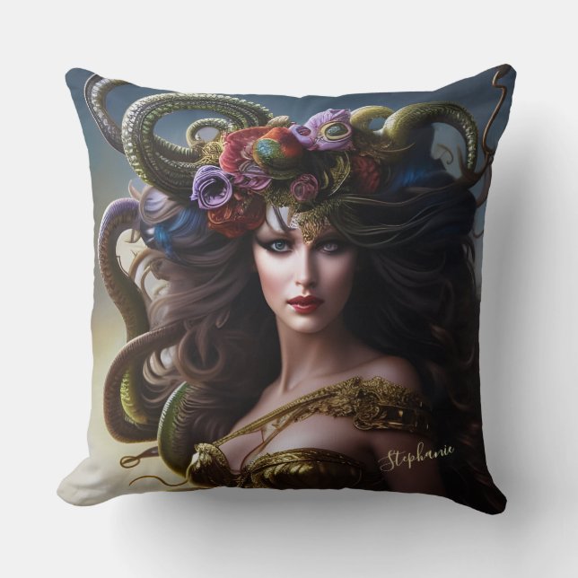 Fantasy Beautiful Medusa Flowers & Snakes Throw Pillow (Front)