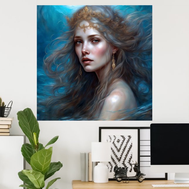 Fantasy Beautiful Mermaid Princess Blue Poster (Home Office)