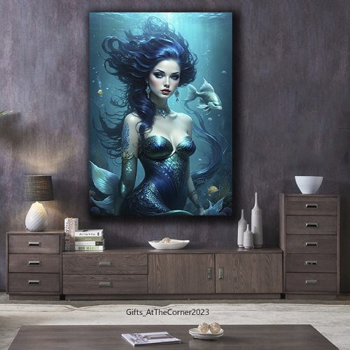 Fantasy Beautiful Mermaid Princess Blue Underwater Canvas Print