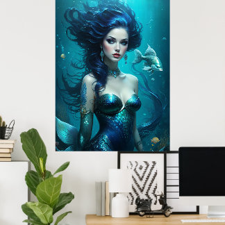 Fantasy Beautiful Mermaid Princess Blue Underwater Poster