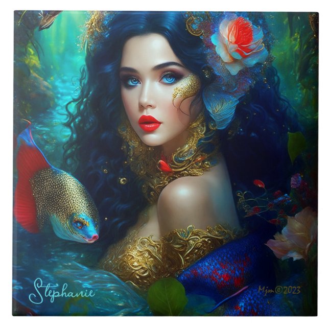 Fantasy Beautiful Mermaid Princess Ceramic Tile (Front)