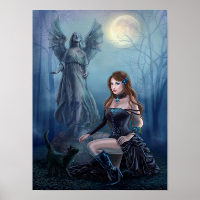 Fantasy beautiful woman  with  black cat poster (Front)