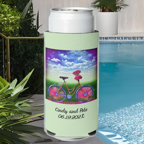 Fantasy Bicycle with Pink Flowers on Mint Green Seltzer Can Cooler