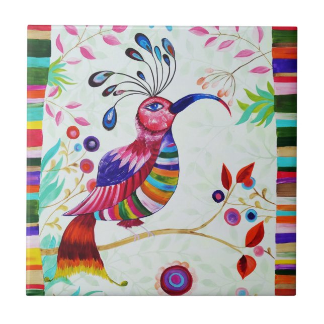fantasy bird rainbow floral painting folk art ceramic tile (Front)