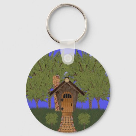 Fantasy Birdhouse Cottage With Cedar Tree Keychain