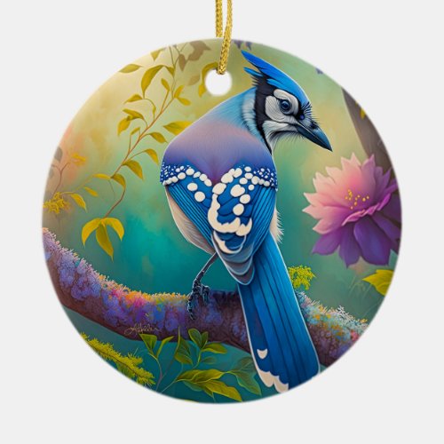 Fantasy Birds Blue Jay Ceramic Ornament