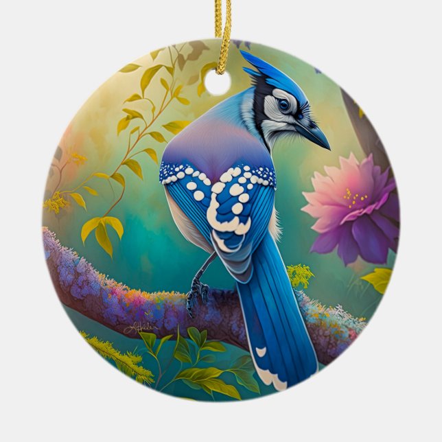 Fantasy Birds Blue Jay Ceramic Ornament (Front)