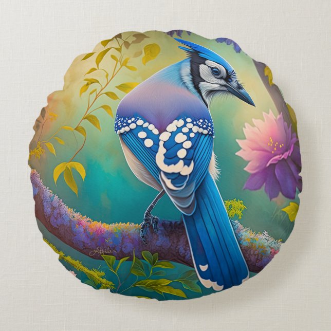 Fantasy Birds Blue Jay Round Pillow (Front)