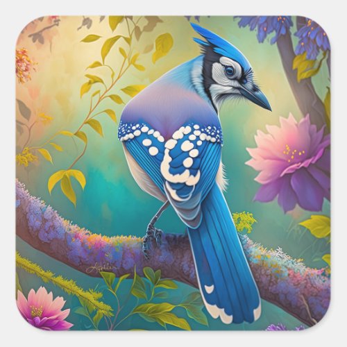 Fantasy Birds Blue Jay Square Sticker