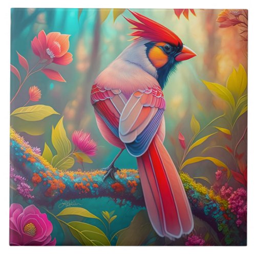Fantasy Birds Male Cardinal Ceramic Tile