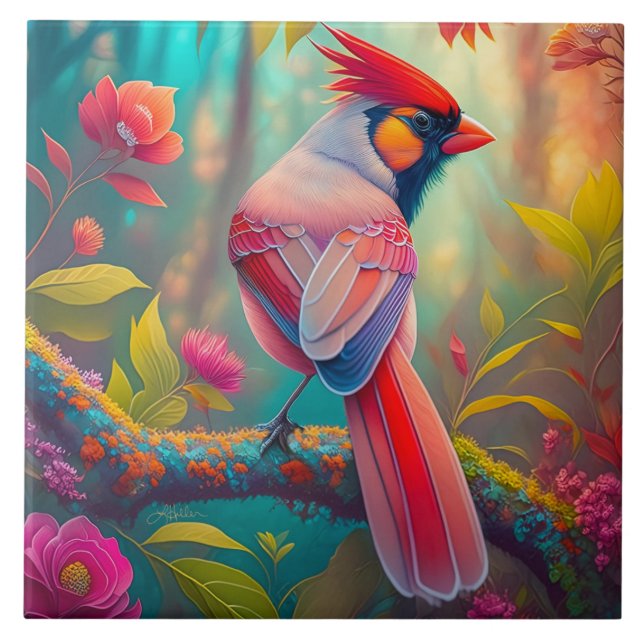 Fantasy Birds Male Cardinal Ceramic Tile (Front)