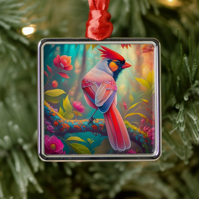 Fantasy Birds Male Cardinal Metal Ornament (Tree)