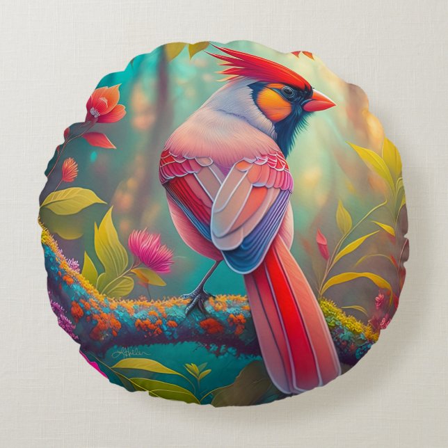 Fantasy Birds Male Cardinal Round Pillow (Front)