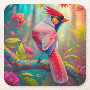 Fantasy Birds Male Cardinal Square Paper Coaster