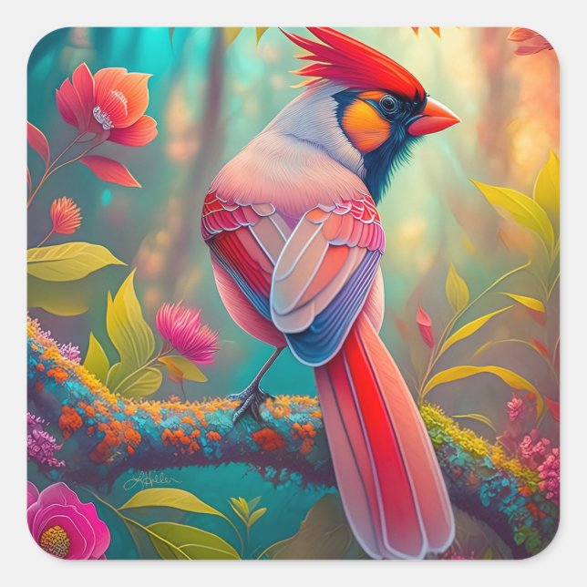 Fantasy Birds Male Cardinal Square Sticker (Front)