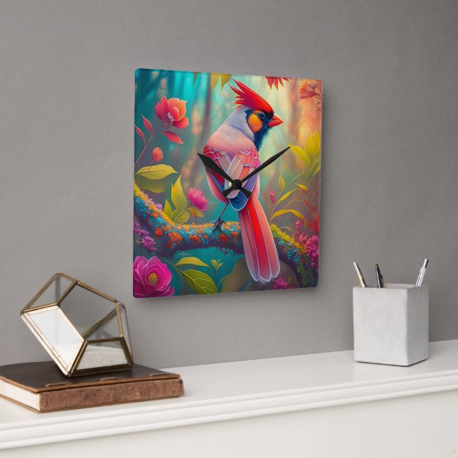 Fantasy Birds Male Cardinal Square Wall Clock (Office)