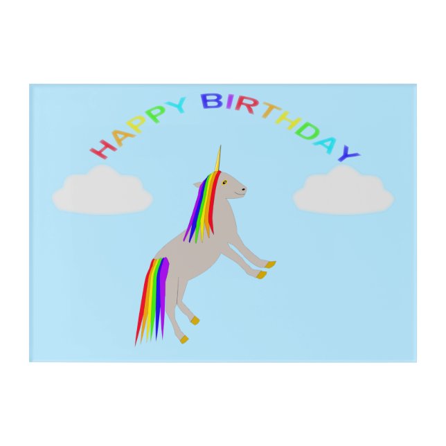 Fantasy Birthday Unicorn Rainbow and Clouds Acrylic Print (Front)