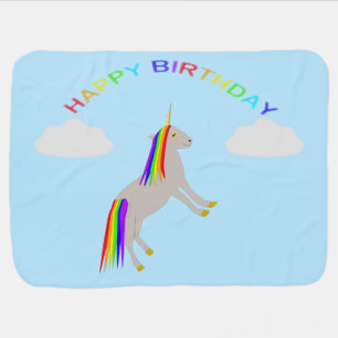 Fantasy Birthday Unicorn Rainbow and Clouds Baby Blanket