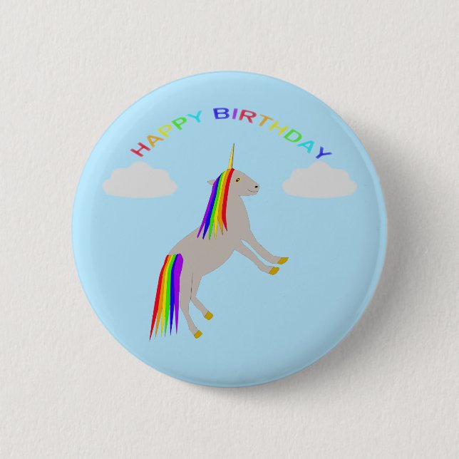 Fantasy Birthday Unicorn Rainbow and Clouds Button (Front)