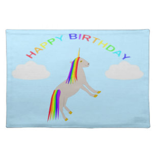 Fantasy Birthday Unicorn Rainbow and Clouds Cloth Placemat