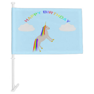 Fantasy Birthday Unicorn Rainbow and Clouds Custom Car Flag