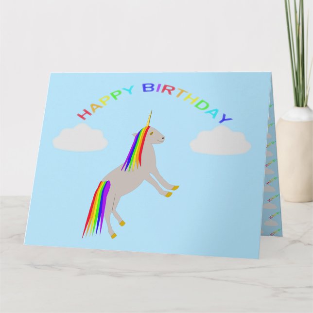 Fantasy Birthday Unicorn Rainbow and Clouds Custom Card (Front)