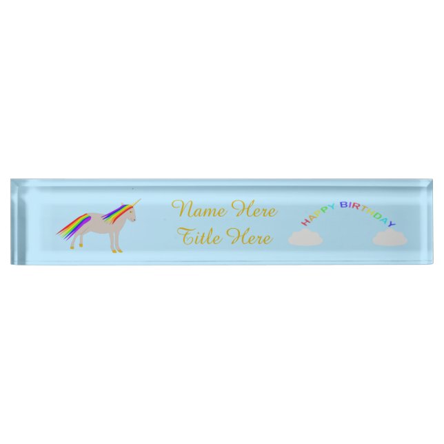 Fantasy Birthday Unicorn Rainbow and Clouds Custom Desk Name Plate (Front)