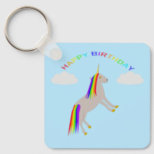 Fantasy Birthday Unicorn Rainbow and Clouds Custom Keychain