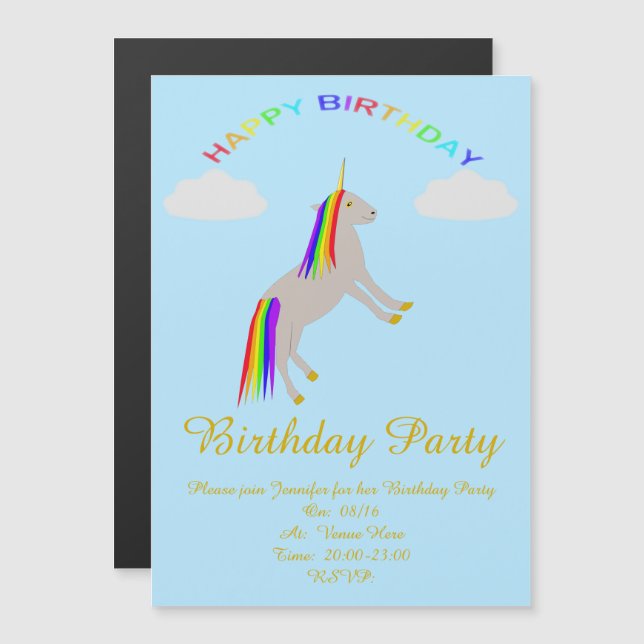Fantasy Birthday Unicorn Rainbow and Clouds Custom Magnetic Invitation (Front/Back)