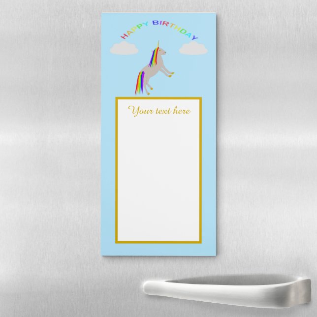 Fantasy Birthday Unicorn Rainbow and Clouds Custom Magnetic Notepad (In Situ)