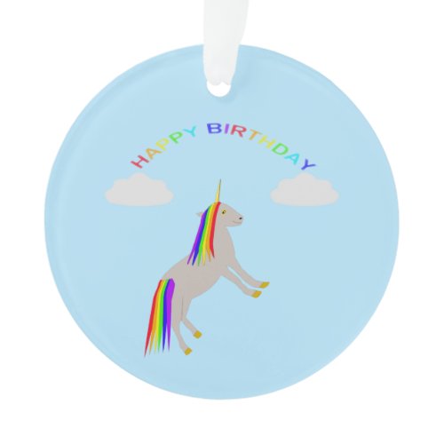 Fantasy Birthday Unicorn Rainbow and Clouds Custom Ornament