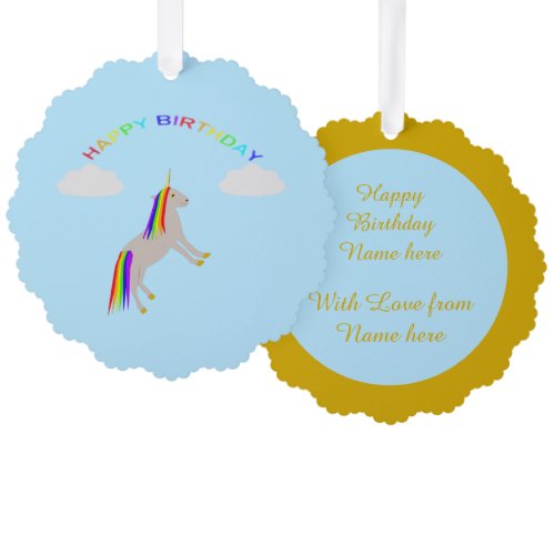 Fantasy Birthday Unicorn Rainbow and Clouds Custom Ornament Card