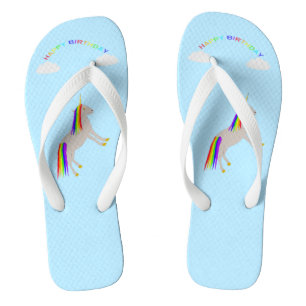 Fantasy Birthday Unicorn Rainbow and Clouds Flip Flops