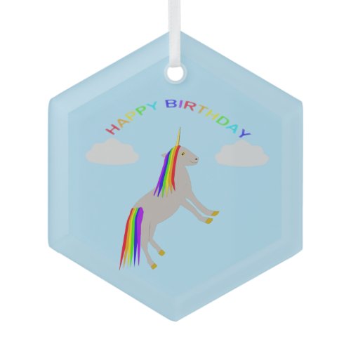 Fantasy Birthday Unicorn Rainbow and Clouds Glass Ornament