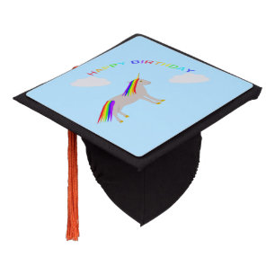 Fantasy Birthday Unicorn Rainbow and Clouds Graduation Cap Topper
