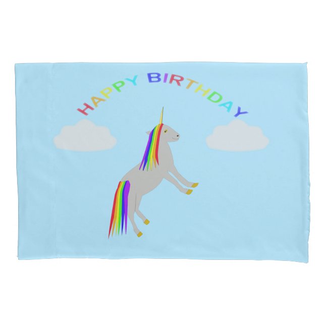 Fantasy Birthday Unicorn Rainbow and Clouds Pillow Case (Front)