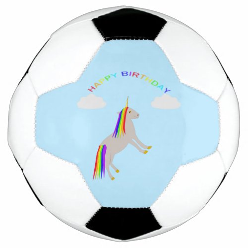 Fantasy Birthday Unicorn Rainbow and Clouds Soccer Ball