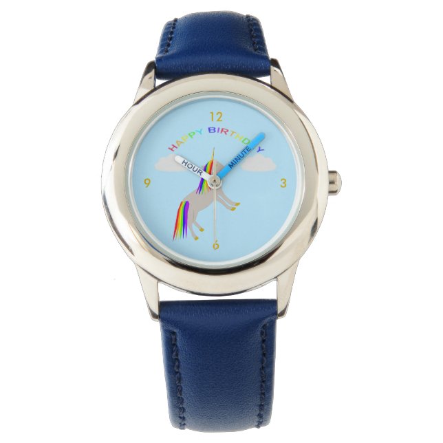 Fantasy Birthday Unicorn Rainbow and Clouds Watch (Front)